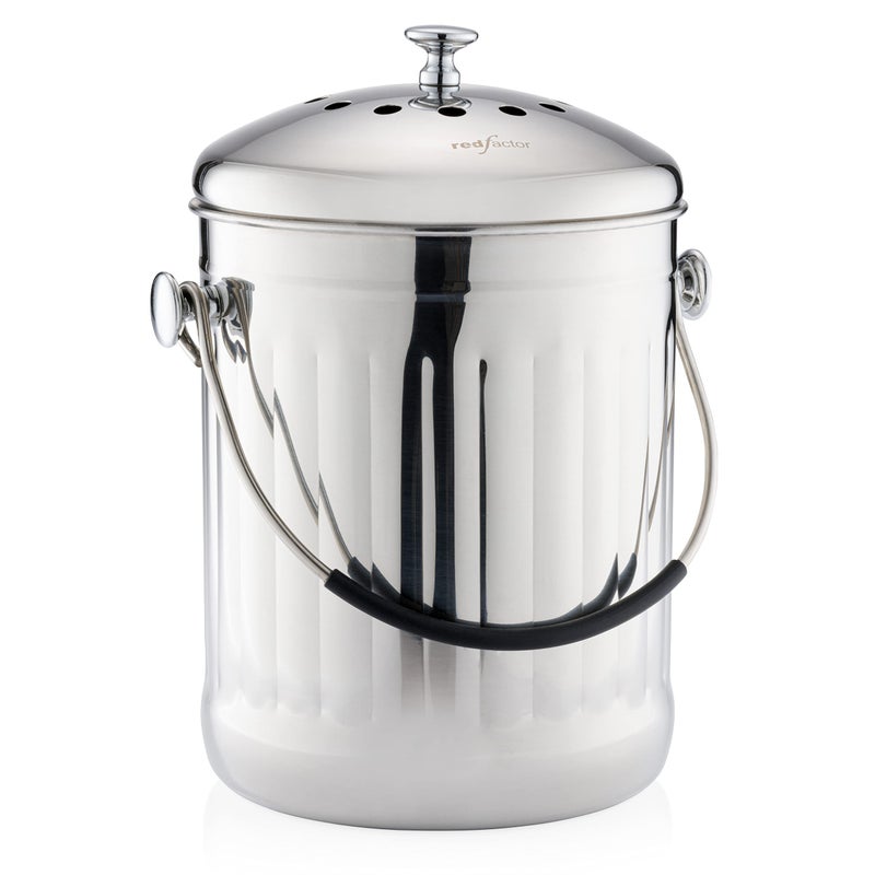 RED FACTOR Premium Compost Bin for Kitchen Countertop - Stainless Steel Food Waste Bucket with Innovative Dual Filter Technology - Includes Spare Filters (Brilliant Steel, 1.3 Gallon) - Image 1
